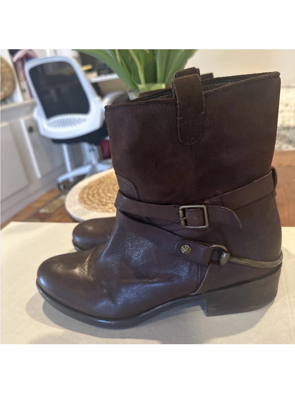 Franco Sarto Beacon 11M Brown Real Suede/Leather Harness Ankle Boots Cowgirl